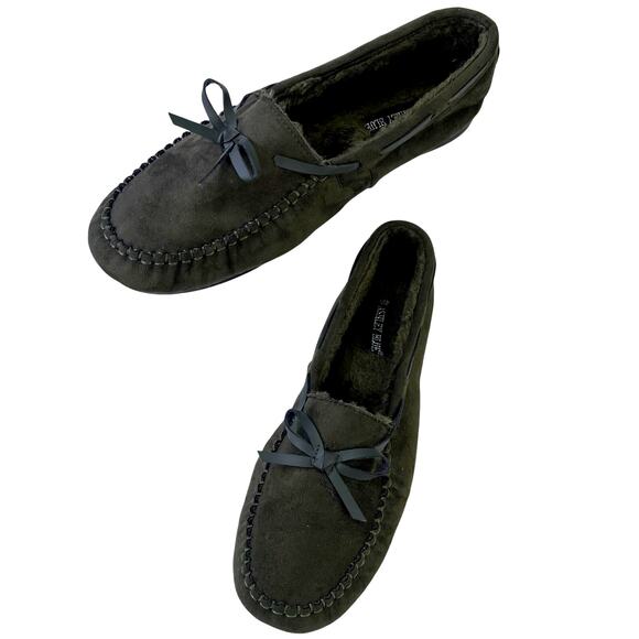 Ashley Blue Moccasin Slipper Olive Green Bow Tie Hard Flexible Bottoms Size 10 - Picture 3 of 11